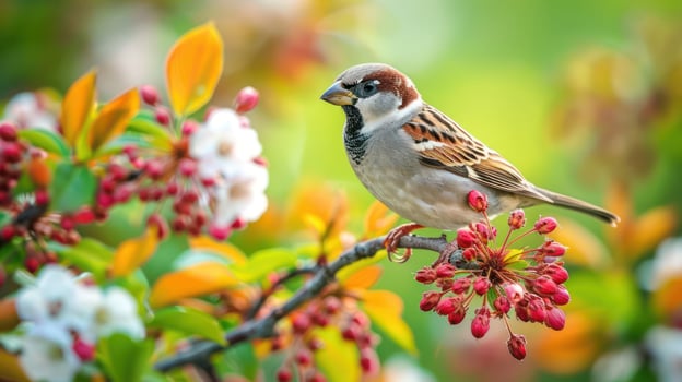 A sparrow perched gracefully on a flowering branch amidst a vibrant spring garden scene photo
