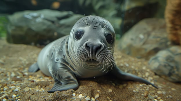 Adorable seal pup resting on sandy ocean floor, surrounded by rocks and aquatic plants photo