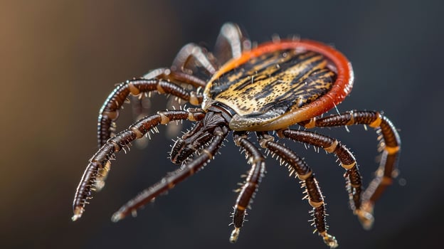 Close-up of a tick on a blurred background, showcasing its detailed anatomy and texture photo
