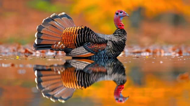 Vibrant Wild Turkey Reflecting in Calm Water Amidst Autumn Foliage in Nature photo