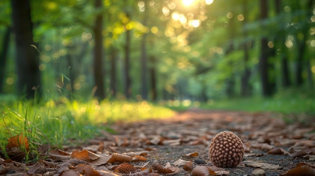 Acorn resting on a forest path surrounded by fallen leaves and sunlit trees in the background photo