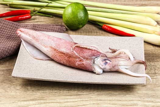 A squid on a plate with other vegetables and a knife photo