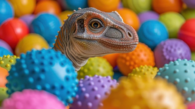 Colorful dinosaur toy peeking through vibrant plastic balls in a playful setting photo