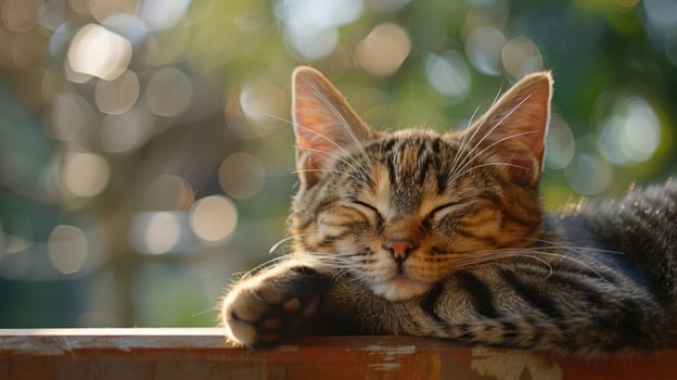 A peaceful tabby cat sleeping contently on a wooden surface with a blurred green background photo