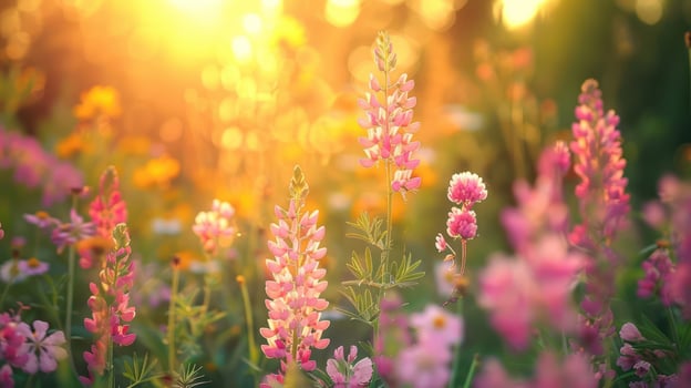 Vibrant wildflower field illuminated by golden sunlight during sunset, creating a serene atmosphere photo
