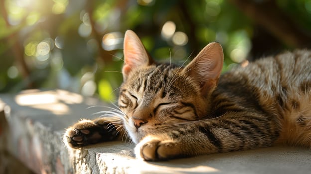 A peaceful tabby cat napping on a sunlit stone ledge surrounded by greenery photo