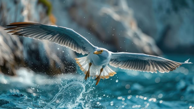 Seagull soaring above ocean waves, capturing fish in a vibrant coastal landscape photo