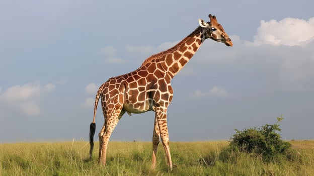 Majestic giraffe standing gracefully in a lush savannah under a clear blue sky photo