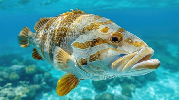 Vibrant underwater scene featuring a colorful fish swimming gracefully among coral reefs photo