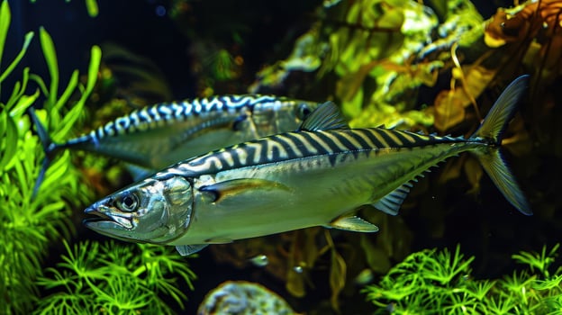 Two vibrant mackerel swimming gracefully through a lush underwater environment photo