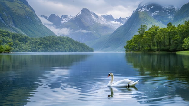 Serene lake landscape featuring a swan gliding through calm waters surrounded by majestic mountains photo