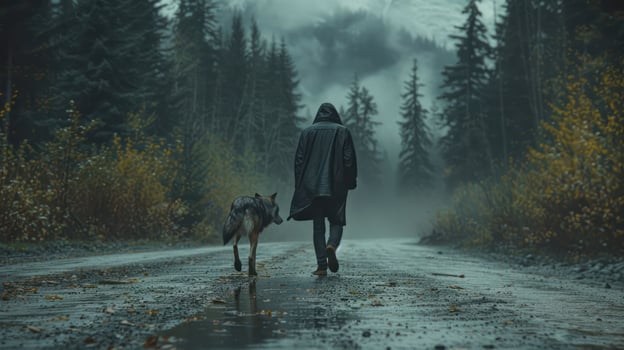 A solitary figure walks a dog along a misty forest road, surrounded by tall trees and autumn foliage photo