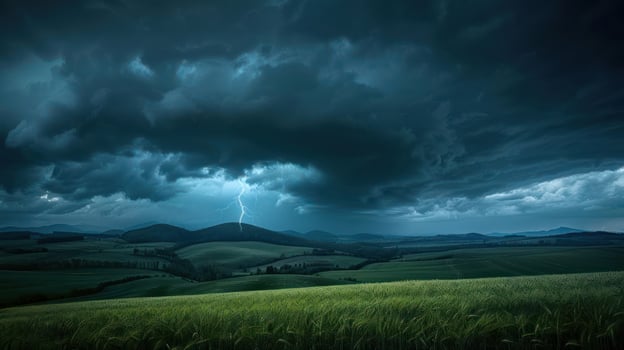 Dramatic lightning strikes over rolling green hills under a stormy sky at dusk photo