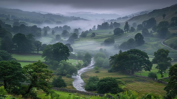 Serene misty valley landscape with flowing river, lush greenery, and rolling hills in the background photo