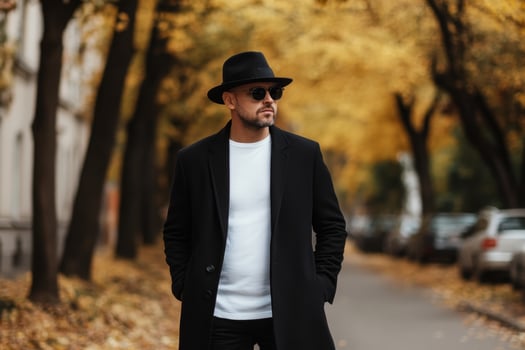 Stylish man walking down a tree-lined street during autumn with yellow leaves and a relaxed vibe photo