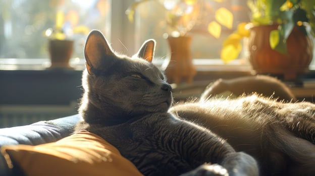 Relaxed gray cat lounging on a couch in a sunlit room with plants and warm decor photo