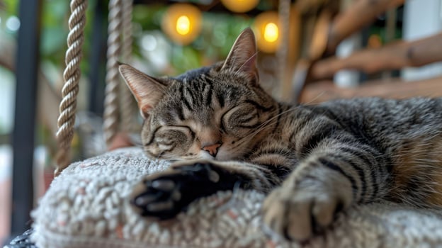 A peaceful tabby cat sleeping on a cozy swing, with warm lights glowing in the background photo