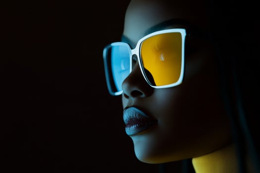 Stylish model showcases vibrant sunglasses in a dramatic lighting setup during an urban fashion event photo