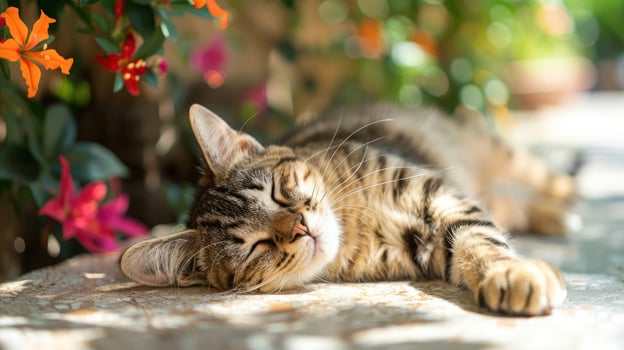 A relaxed tabby cat lounging peacefully on a sunny stone surface surrounded by vibrant flowers photo