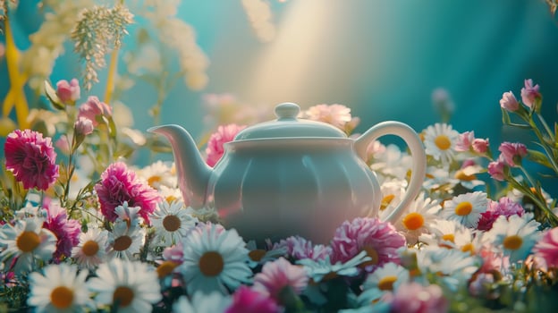 A white tea pot is in the middle of a field of daisies photo