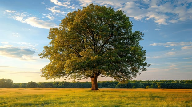 Majestic solitary tree in a vibrant green field under a clear blue sky at sunset photo