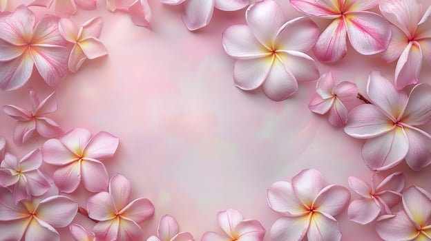 Delicate pink plumeria flowers arranged elegantly on a soft pastel background, perfect for invitations photo