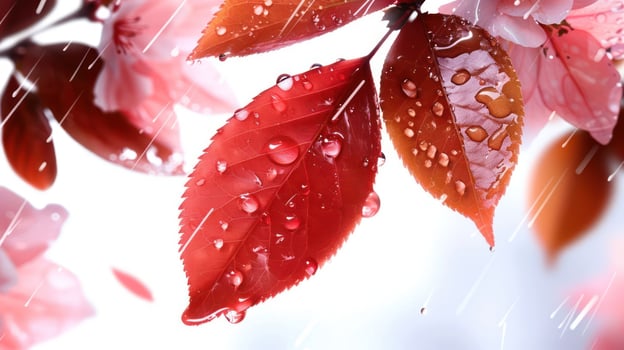 Close-up of vibrant red leaves with raindrops, set against a soft white background photo