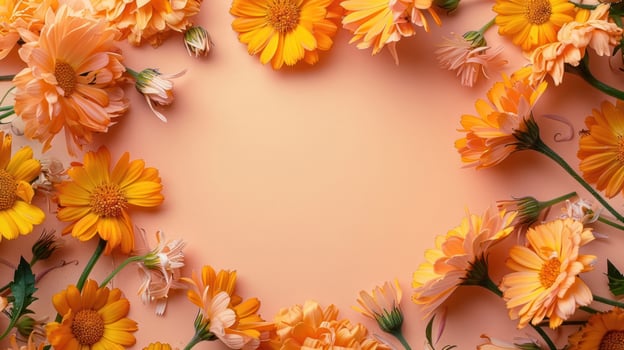 Vibrant orange flowers arranged beautifully on a soft peach background, ideal for spring-themed designs photo