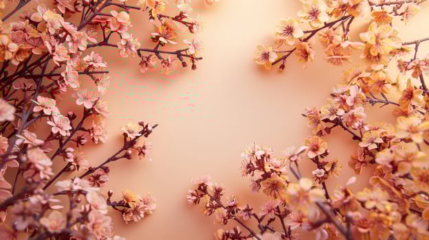 Delicate pink cherry blossoms arranged beautifully on a soft peach background, creating a serene atmosphere photo