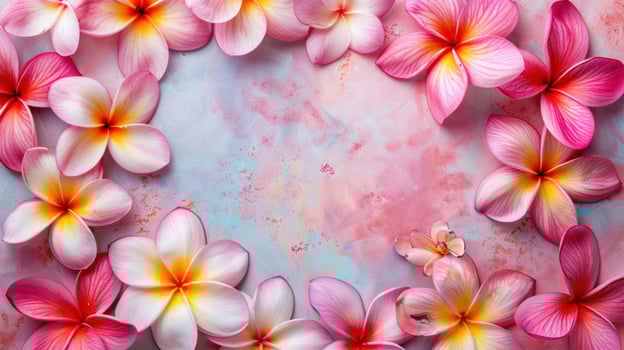 Vibrant pink and yellow plumeria flowers arranged in a circular frame on a textured pastel background photo
