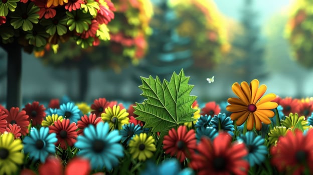 Vibrant garden scene with colorful flowers, lush greenery, and a serene background atmosphere photo