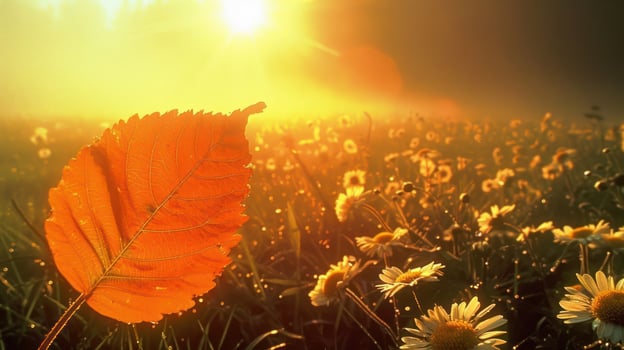 Vibrant autumn leaf in the foreground with a sunlit meadow of daisies and misty background photo