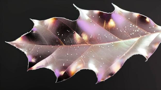 Close-up of a translucent leaf showcasing intricate patterns and colors against a dark background photo