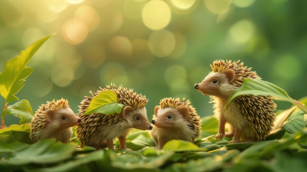 Four adorable hedgehogs interacting among lush green leaves in a sunlit forest backdrop photo