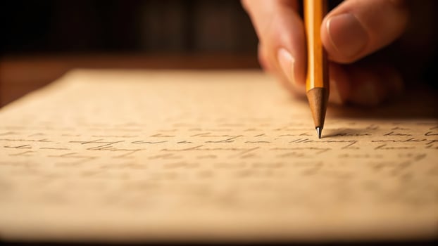 A person holding a pencil and writing on a piece of paper photo