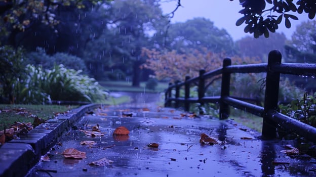 Serene rain-soaked pathway in a lush garden, with vibrant autumn leaves and gentle rain photo