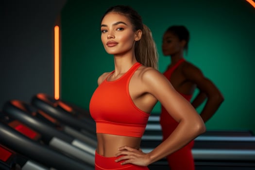 Fitness enthusiast poses confidently in vibrant workout gear at a modern gym during evening hours photo