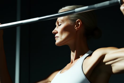 Focused athlete mature woman performing a weightlifting exercise in a well-lit gym setting photo