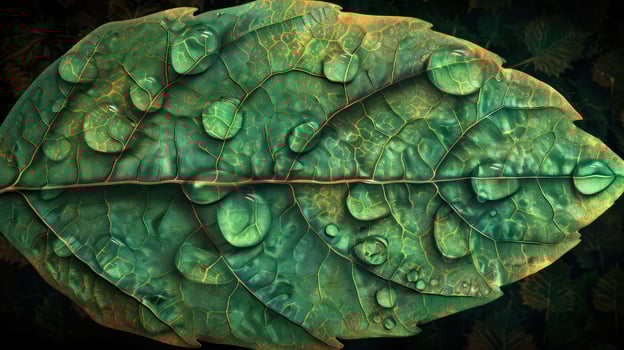 Close-up view of a vibrant green leaf with water droplets, showcasing intricate textures and details photo