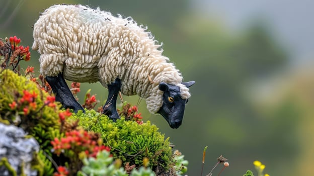 A sheep figurine grazing on vibrant green moss amidst colorful flowers in a serene landscape photo