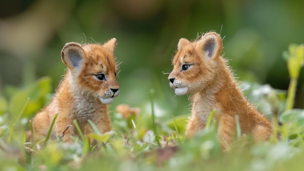 Two adorable lion cubs playfully interacting in a lush green environment, showcasing their curiosity photo