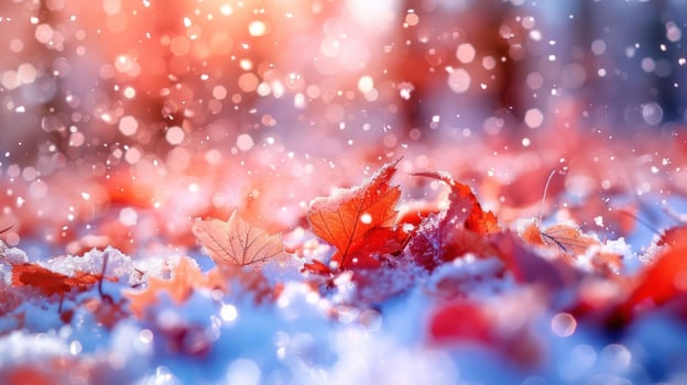Vibrant autumn leaves blanketed in soft snow, glistening under gentle snowfall in a serene landscape photo