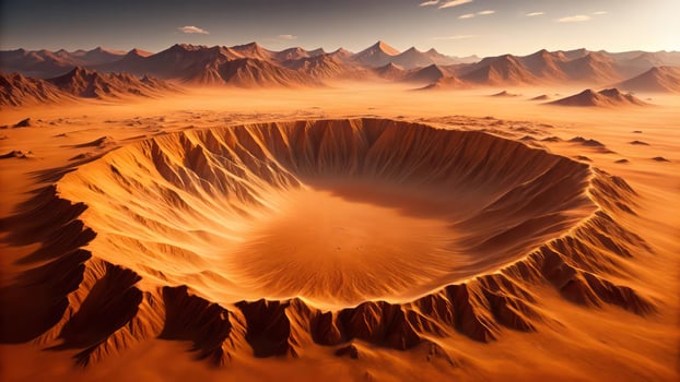 An alien landscape with a large crater in the middle photo