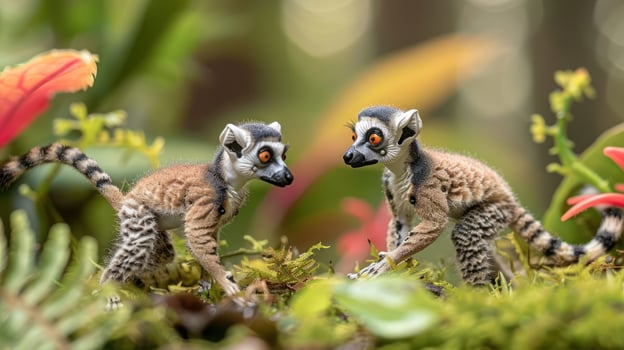 Two playful lemurs interacting in a vibrant forest setting, surrounded by lush greenery and colorful plants photo