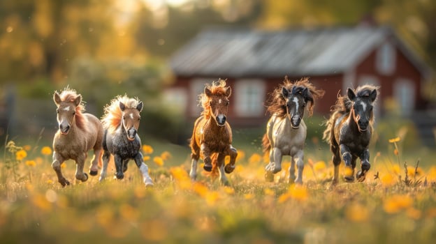 Five playful ponies galloping through a vibrant meadow with wildflowers, farmhouse in background photo