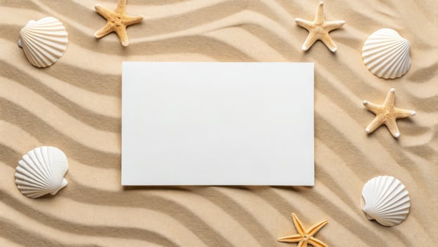 A blank note card surrounded by shells and starfish photo