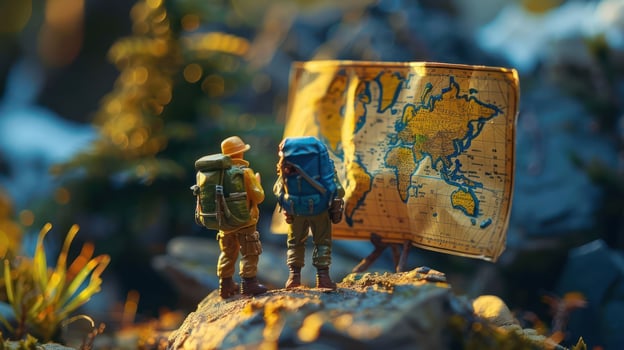 Two miniature hikers examining a vintage map in a lush forest setting during golden hour photo