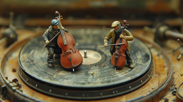 Miniature musicians playing cellos on a vintage turntable amidst a dusty, nostalgic setting photo