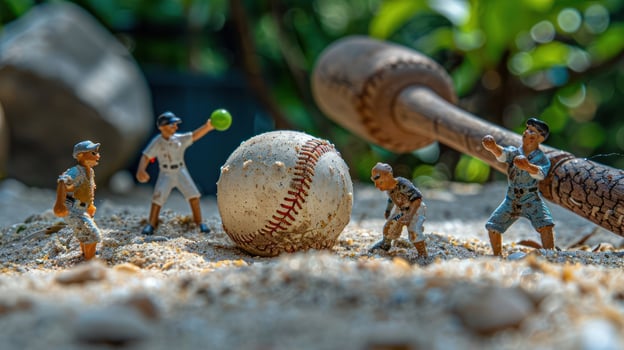 Miniature baseball players engage in a playful game on sandy terrain with a bat nearby photo