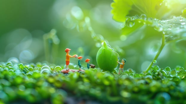 Miniature figures engaging in playful activities among lush greenery with droplets glistening photo